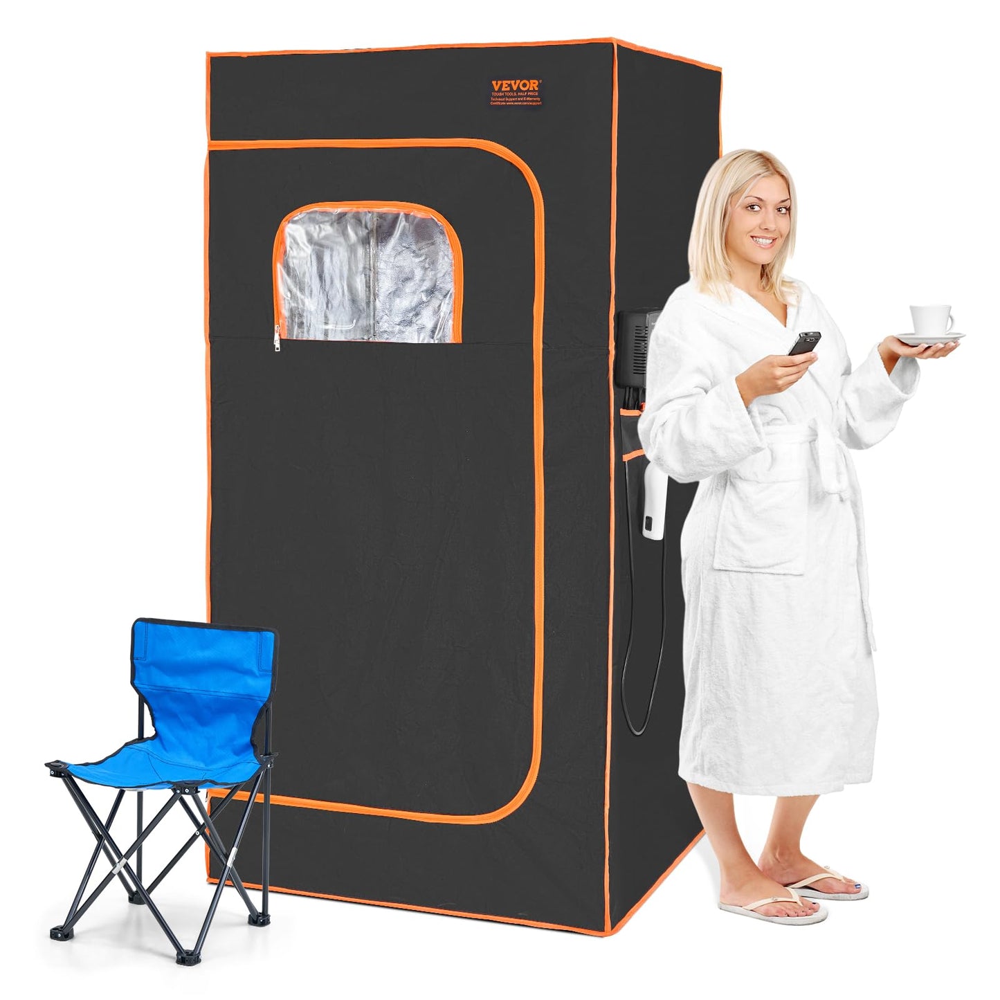 VEVOR Infrared Portable Sauna Tent, 1400W Personal Sauna Kit for Home Spa Heated Body Therapy, Time & Temperature Remote Control with Chair & Floor Mat & Storage Bag, Black, 2.9’x 2.9’x 5.8’