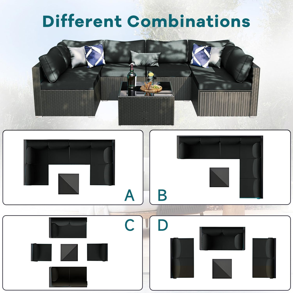 ELEGIBLISS 7 Pieces Patio Furniture Set - Outdoor Sectional Wicker Rattan Furniture with Cushion and Glass Table Patio Conversation Sets for Porch Poolside Backyard Outdoor Sofa Set Modular Sofa ELEGIBLISS