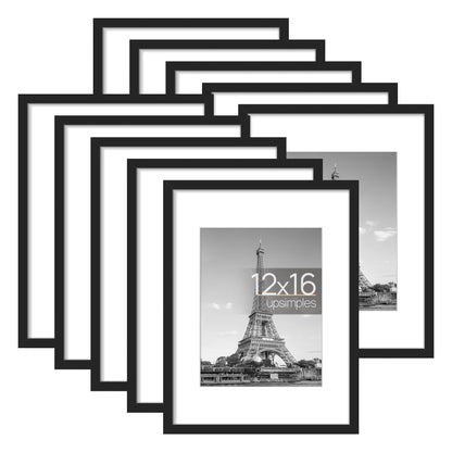 upsimples 12x16 Picture Frame Set of 10, 8.5x11 with Mat or 12x16 Without Mat, Multi Photo Frames Collage for Wall or Tabletop Display, Black