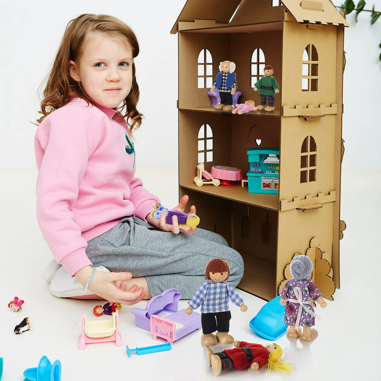 Jzszera Wooden Doll House Family of 8 Little Figures, Cute Dollhouse People for Girls Toddlers Jzszera