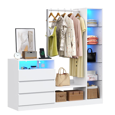 Dresser with Hanging Rack, 3 Drawers Dresser with Charging Station & LED Lights, 55" Chest of Drawers with Open Storage & Adjustable Shelves for Clothes, White Modern Dresser for Bedroom, Closet
