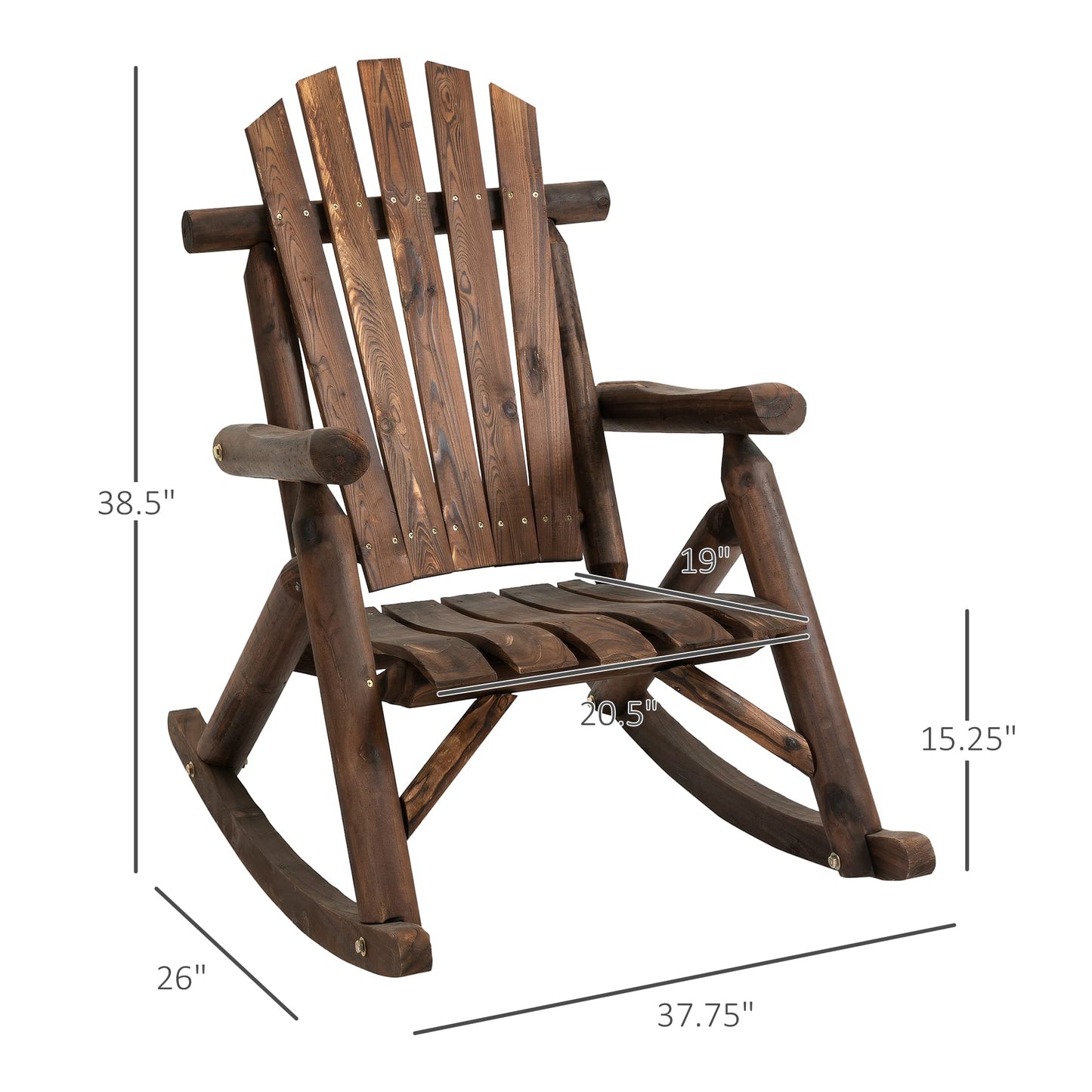 Outsunny Outdoor Wooden Rocking Chair, Single-Person Adirondack Rocking Patio Chair with Rustic High Back, Slatted Seat and Backrest for Indoor, Backyard, Garden, Carbonized