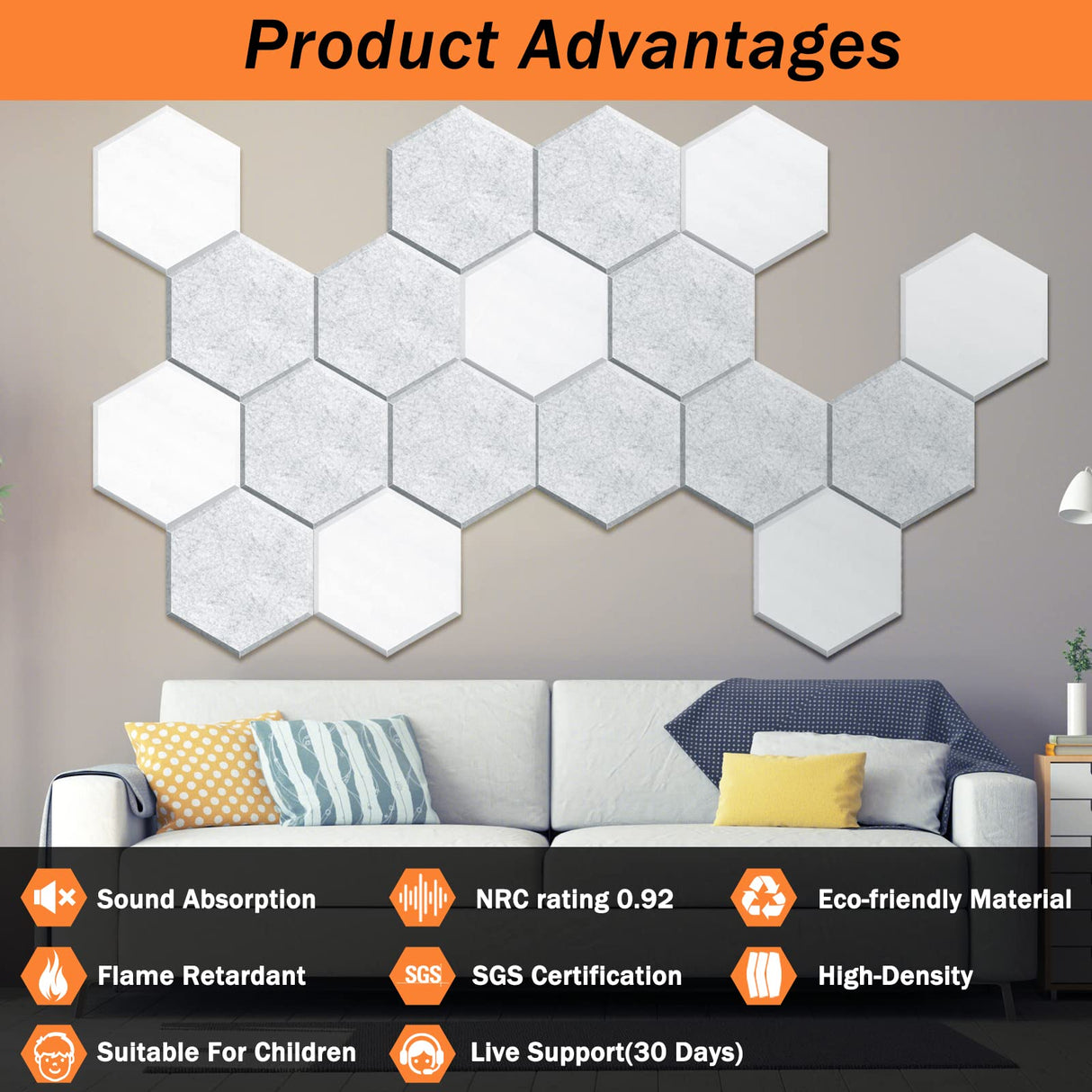 DEKIRU Self Adhesive Soundproof Foam Panels 18 Pack, 12''X10''X0.4'' Hexagon Acoustic Panels, Easy Install Sound Absorbing Panels for Home Recording Studio, Office, and More (Grey) Dekiru