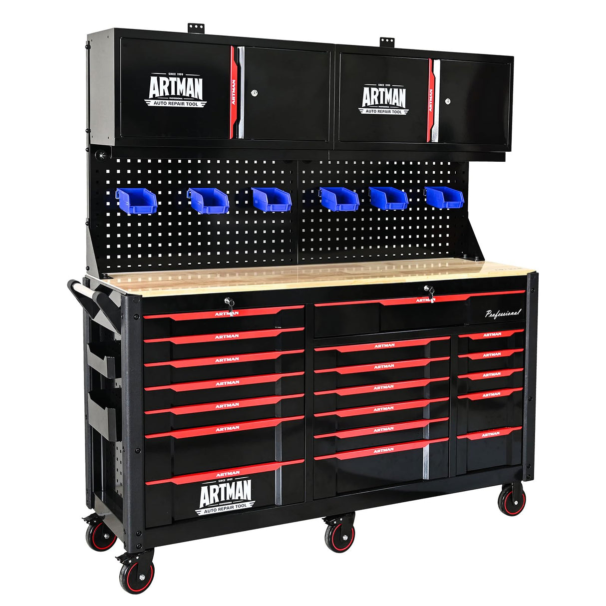 19 Drawers Rolling Tool Chest Large Mobile Workbench Heavy Duty Wood Top Tool Cart on Wheels Mechanic Toolbox Storage Cabinet for Garage, Workshop, Warehouse, Laboratory, with 2 Upper Cabinets WTRAVEL