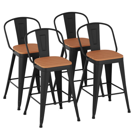 POINTANT Outdoor Metal Bar Stools Set of 4,24 inch Barstools Counter Height Bar Stool with High Back Farmhouse Kitchen Dining Chairs Bar Funiture for Outside POINTANT