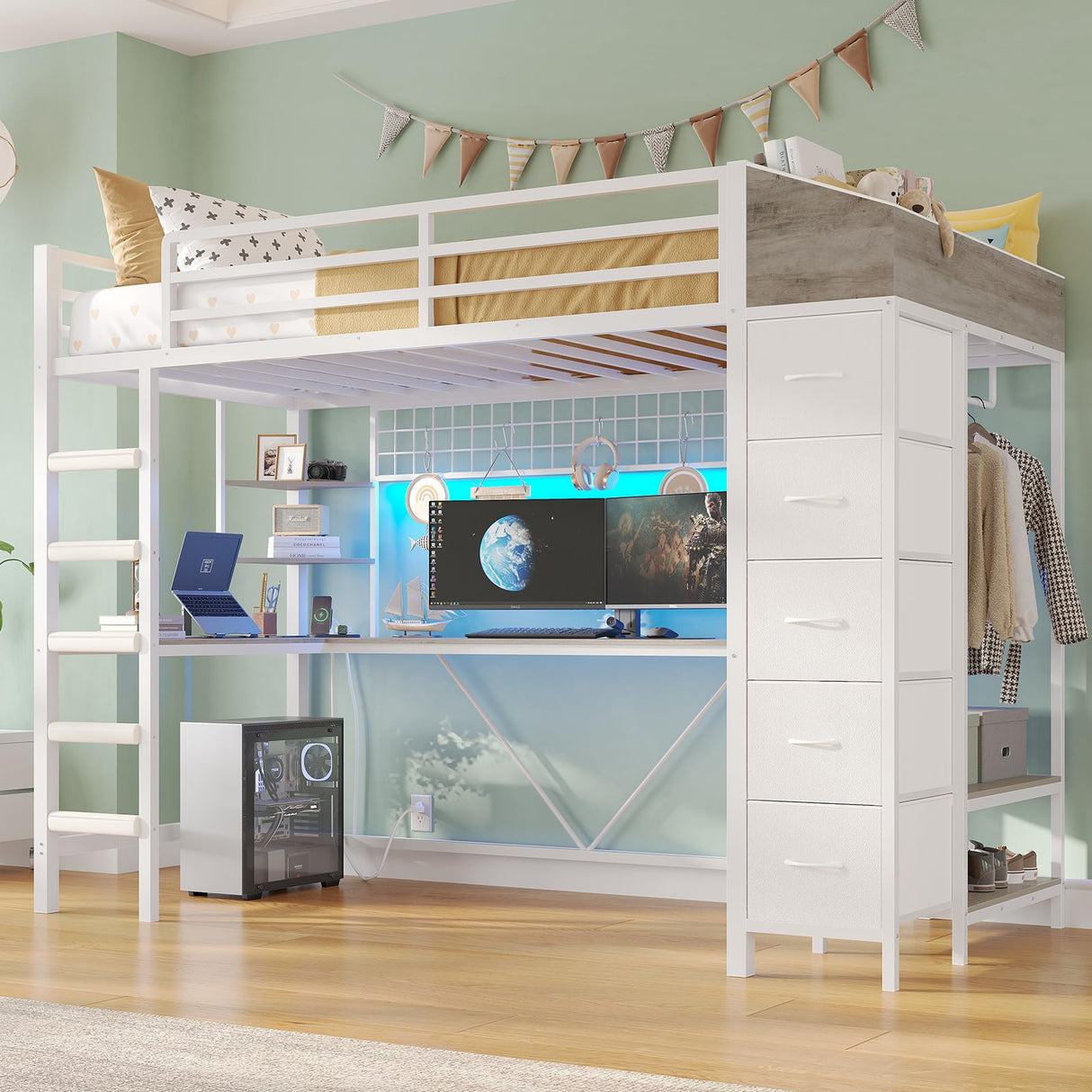 VIAGDO Loft Bed Twin Size with Hall Tree, Charging Station and LED Lights, Twin Loft Bed with L-Shaped Desk, 5 Storage Drawers, Heavy Duty Twin Size Bed with Stairs, No Box Spring Needed, White VIAGDO