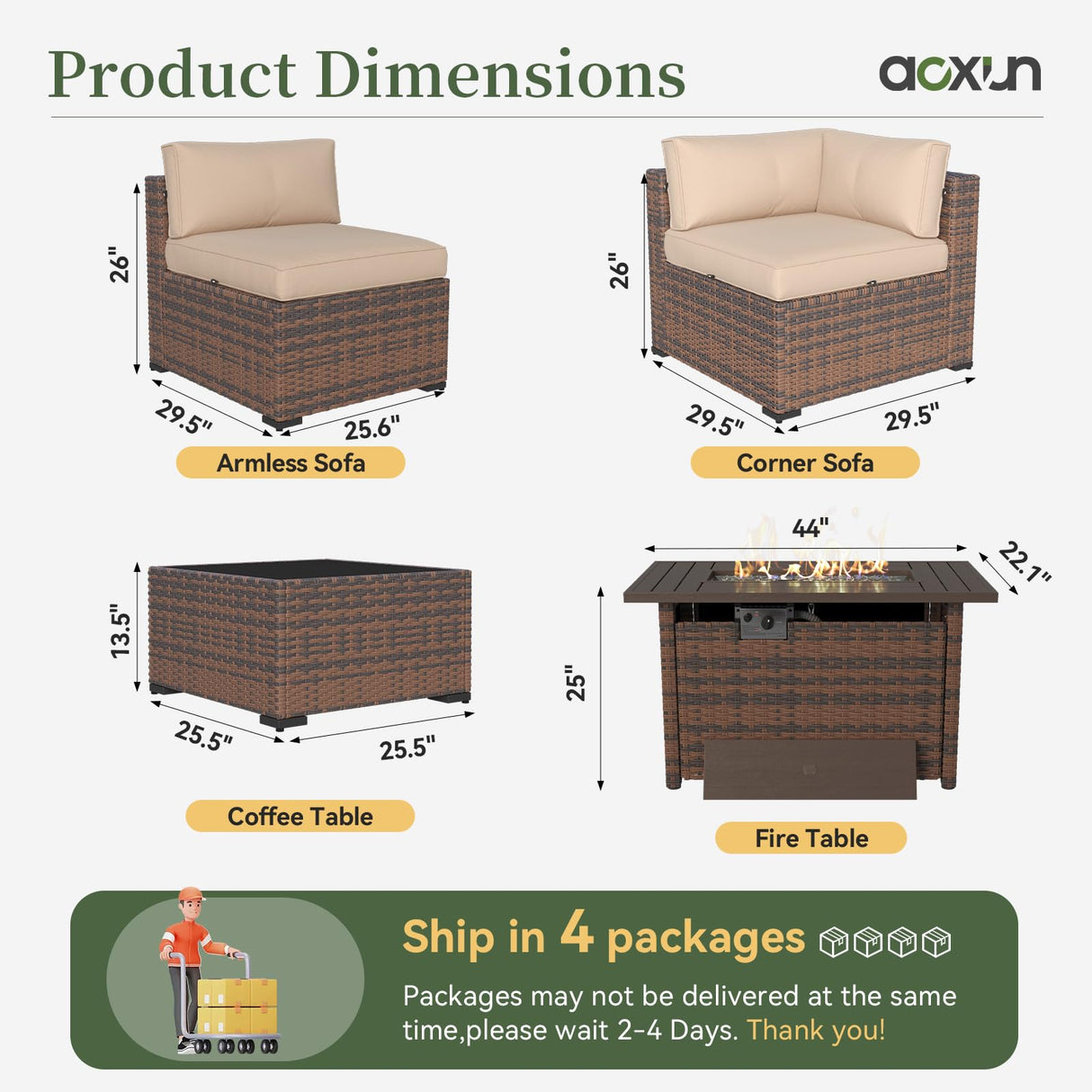 Aoxun 12 Piece Patio Furniture Set with 44” Fire Pit Table Wicker Rattan Outdoor Sectional Sofa Set with Coffee Table and Thickened Cushions, Beige (Waterproof Cover Included) Aoxun