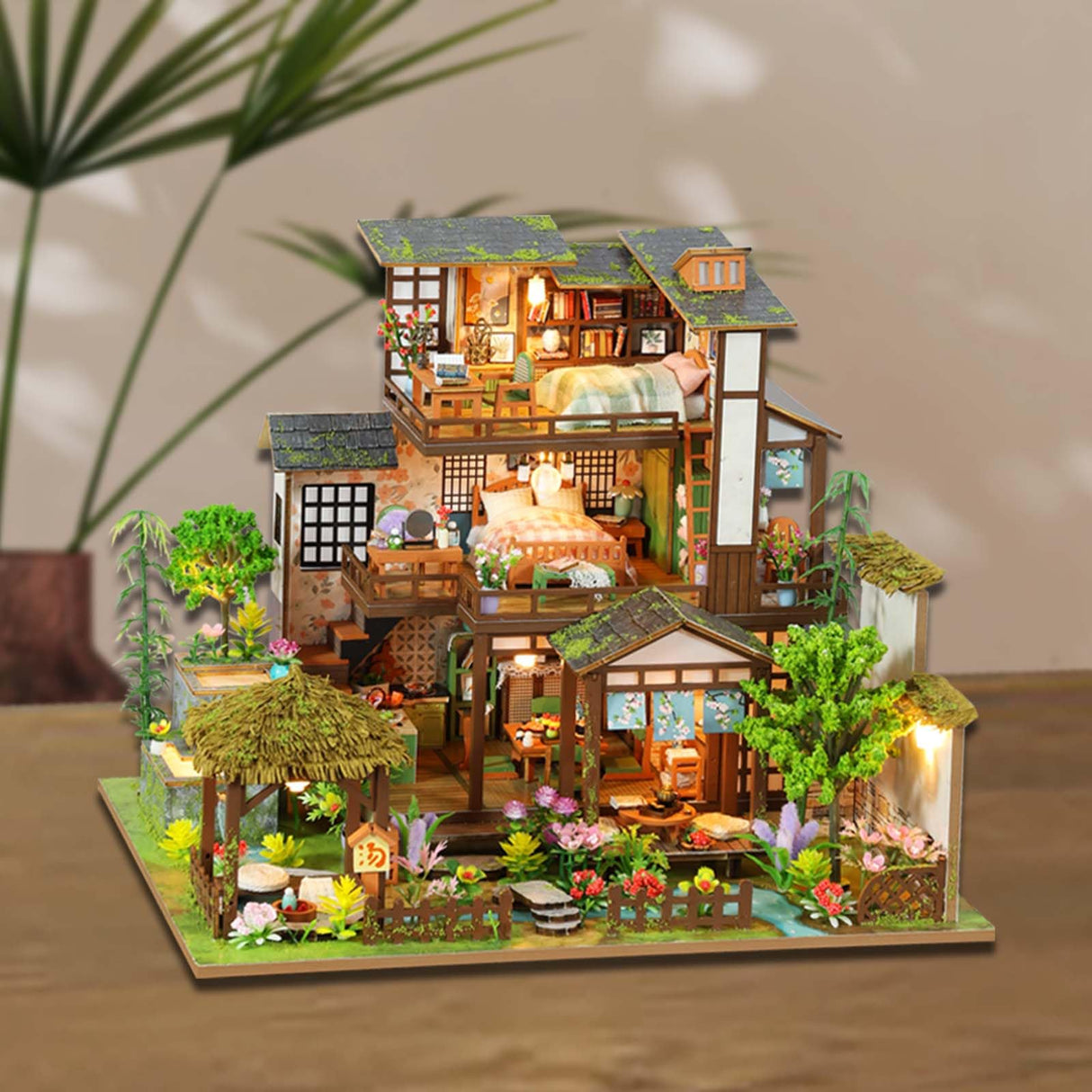 Foyucool Miniature House Kit, Tiny House Kit with Light, DIY Mini House Building Kits for Adults to Building, Unique Gift for Birthday Christmas, Bamboo Spring Courtyard Foyucool