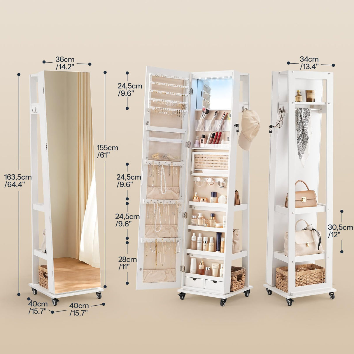 HOOBRO LED Lockable Jewelry Cabinet, Jewelry Organizer on Wheels, Standing Jewelry Armoire, Frameless Full-Length Mirror 4 Storage Shelves Foldable Makeup Tray Jewelry Cabinet Armoire, White WT06JC04 HOOBRO