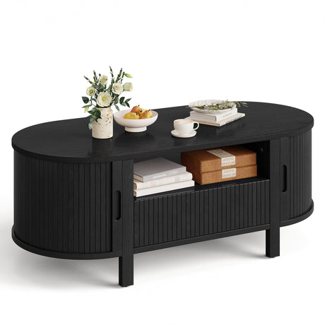 47 Inch Oval Coffee Table, Fluted Coffee Tables with Storage, Mid-Century Modern Living Room Tables, Center Table with Sliding Door and Wood Handle for Living Room, Black ComfyCorner