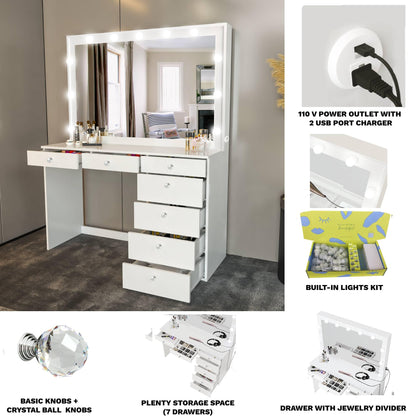 Boahaus Diana Large Vanity Makeup Desk with Vanity Mirror, Built-in Lights, 7 Drawers, Crystal Ball Knobs, Power Outlet, White Makeup Desk for Bedroom, 58.2'' H x 47.2'' W x 17.7'' D