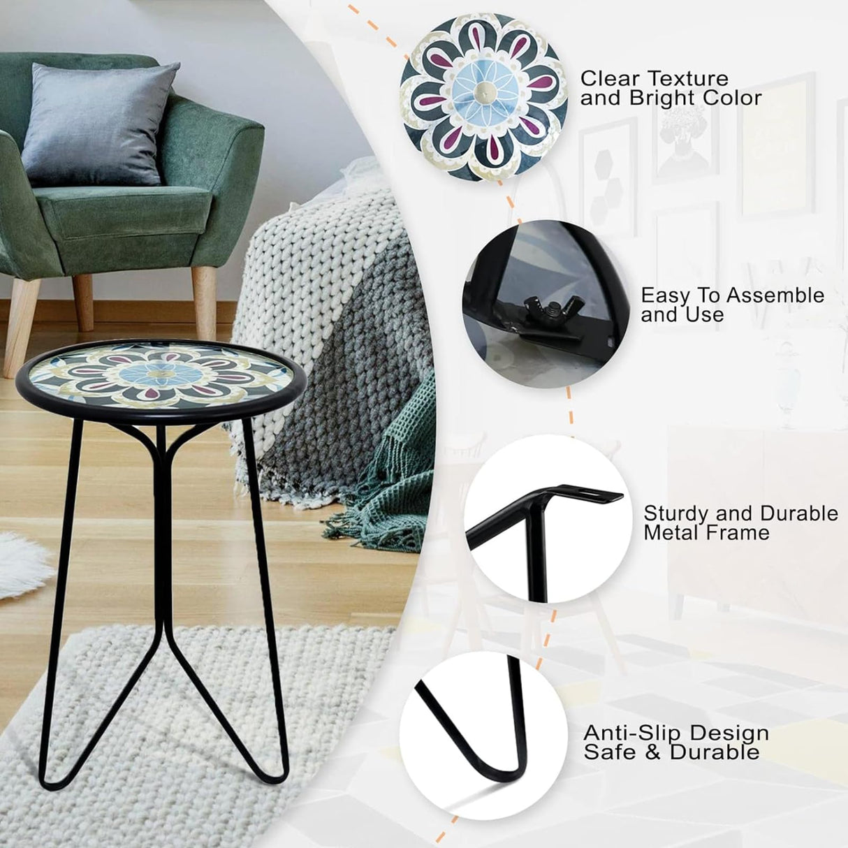 LIFFY Outdoor Side Table,12" Indoor Outdoor Round Glass Tabletop Accent Table with Metal Frame, Decorative Plant Stand & End Table for Patio, Garden, Yard, Kitchen, Porch LIFFY