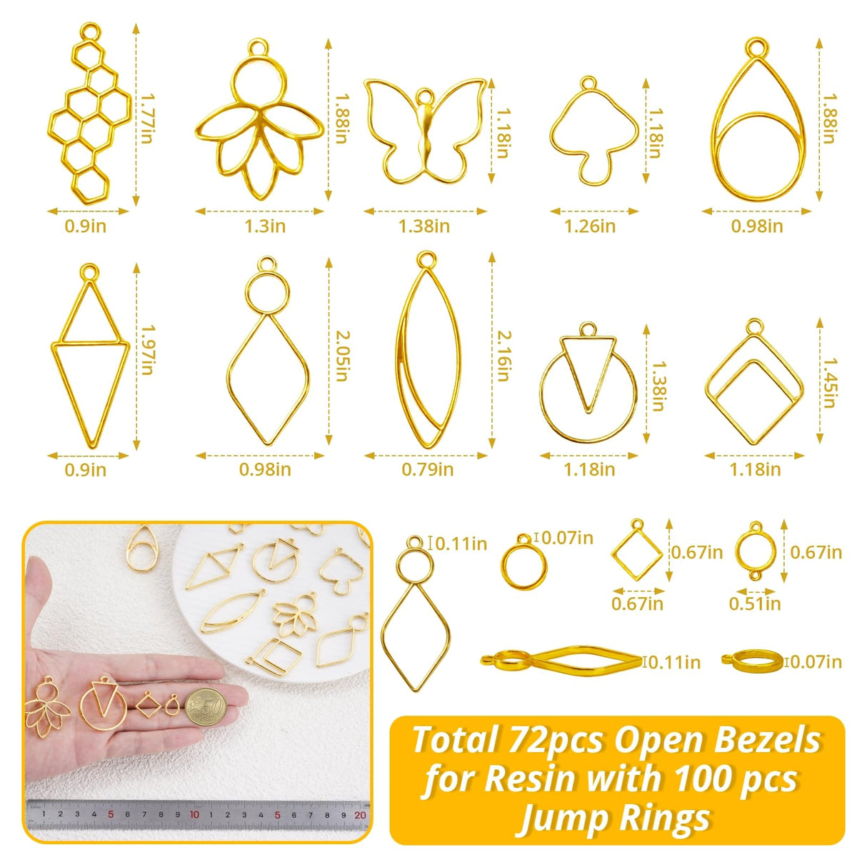 LET'S RESIN 172 pcs Open Bezels for Resin, 2 Size 36 Styles of Gold Hollow Frame Pendants Bezels with 100pcs Jump Rings, Unique Resin Bezels for Jewelry Making, Necklaces Earrings Making Supplies LET'S RESIN