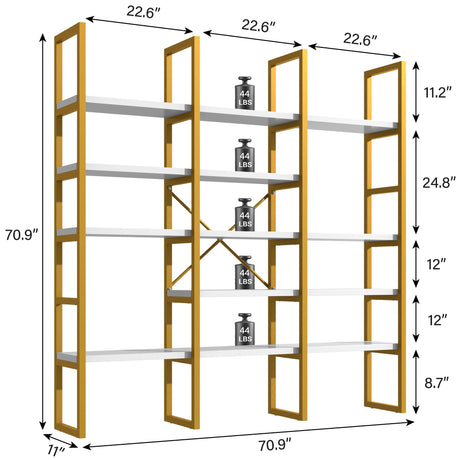 Semoic Large Bookshelf 5 Tiers, Triple Wide Geometric Bookcase, 71 Inches Tall Industrial Book Shelves Etagere Book Case, Sturdy Metal Frame, Freestanding Display Shelving Unit (Gold and White) Semoic