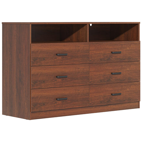 Bigbiglife 6 Drawers Dresser for Bedroom Wooden Drawer with Open Storage Cubby, Double Wide Dresser Organizer for Bedroom, Living Room, Entryway, Hallway (Walnut Brown) Bigbiglife