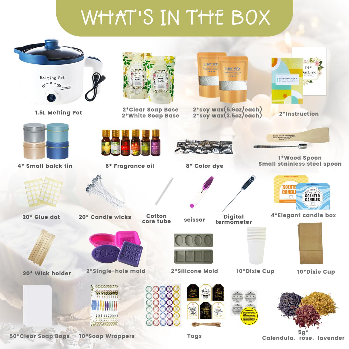 PIUH 2-in-1 Candle & Soap Making Kit for Beginners, All in one Complete DIY Craft Kit to Make Handcrafted Soap Bars + Scented Candles with Melting Pot, Wax, Soap Base, Molds, Fragrance Oils and Dyes PIUH