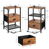 sthmec Nightstands Set of 2, Night Stands with Charging Station and Fabric Drawer, Bedside Tables with Storage, 2- Tier Side Table with Open Shelf, Nightstands with Charging Station,Rustic Brown sthmec