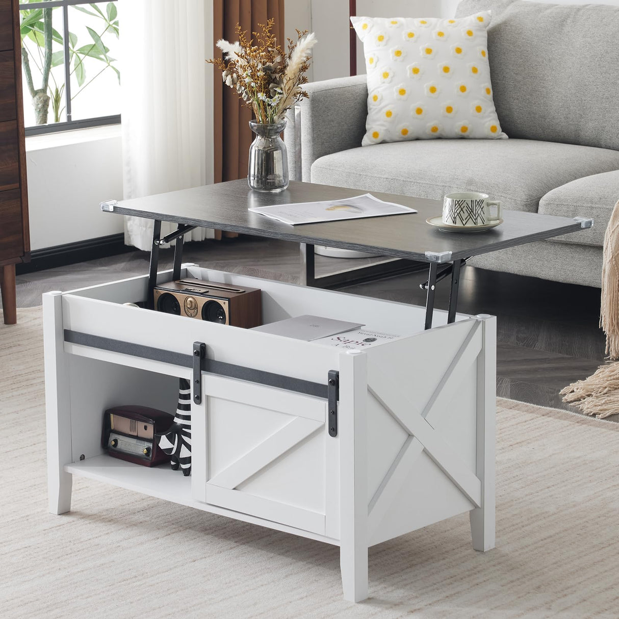 VINGLI White Charcoal Lift Top Coffee Table, 36" Small Farmhouse Barn Door Coffee Table with Storage, Rectangular Center Wood Coffe Table with Lifting Top, Living Room Tables with Hidden Compartment VINGLI