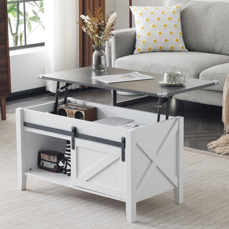 VINGLI White Charcoal Lift Top Coffee Table, 36" Small Farmhouse Barn Door Coffee Table with Storage, Rectangular Center Wood Coffe Table with Lifting Top, Living Room Tables with Hidden Compartment VINGLI