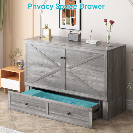 CECER Full Size Murphy Bed with Tri-Folding Mattress，Murphy Bed with Charging Station and 2 Large Storage Drawers for Small Spaces/Bedroom（Grey） CECER