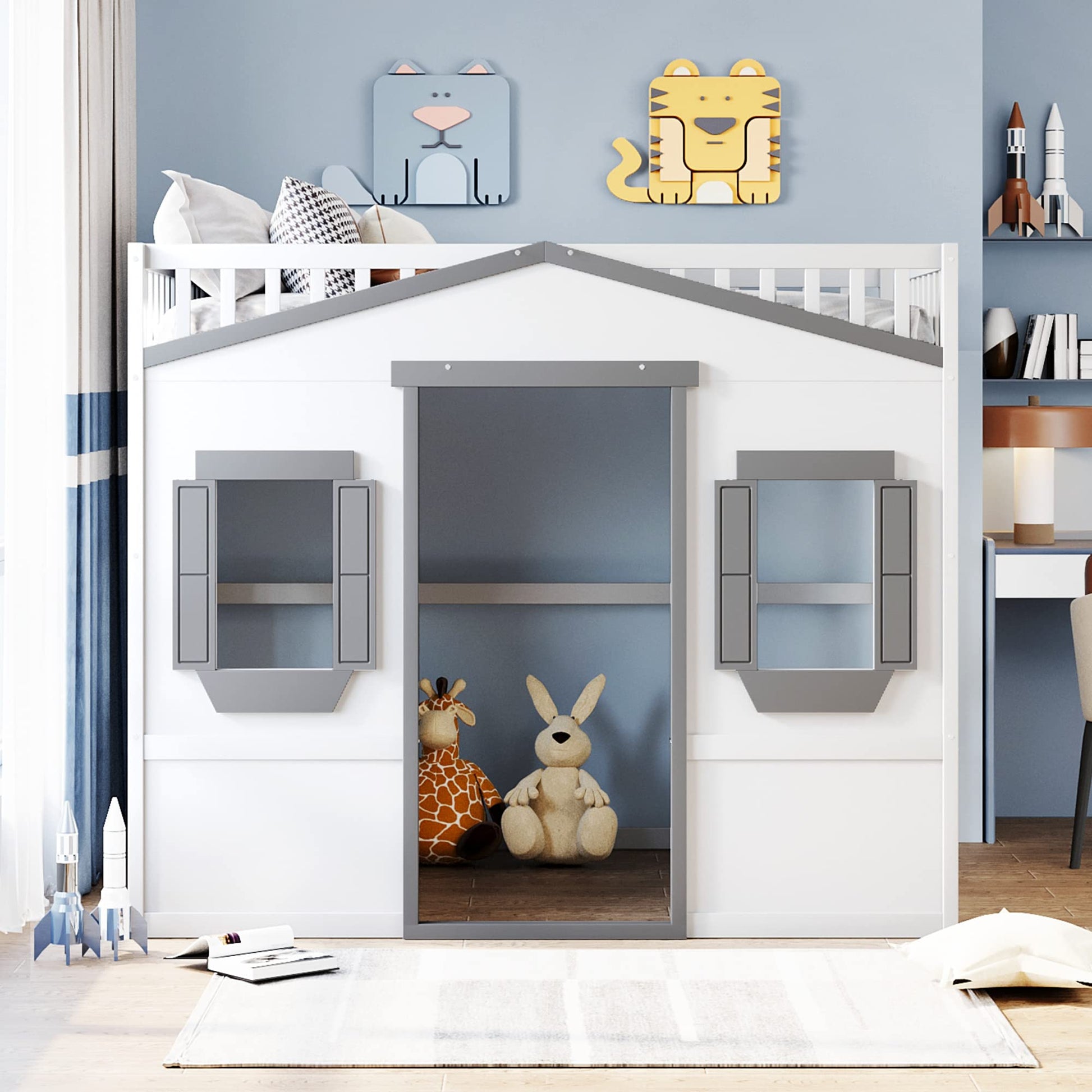 Stylish White and Gray Full Size House Loft Bed for Kids with Playhouse Design and Safety Features - WoodArtSupply