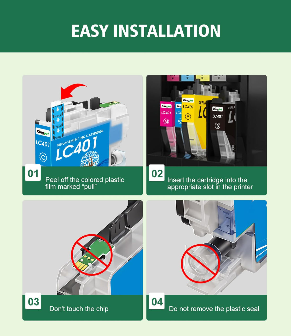 Kingjet LC401 Ink Cartridges Replacement for Brother LC401 Ink Cartridges Compatible with LC401 Ink Cartridges for Brother Printer MFC-J1010DW MFC-J1170DW MFC-J1012DW, 4PK（Black/Cyan/Magenta/Yellow Kingjet