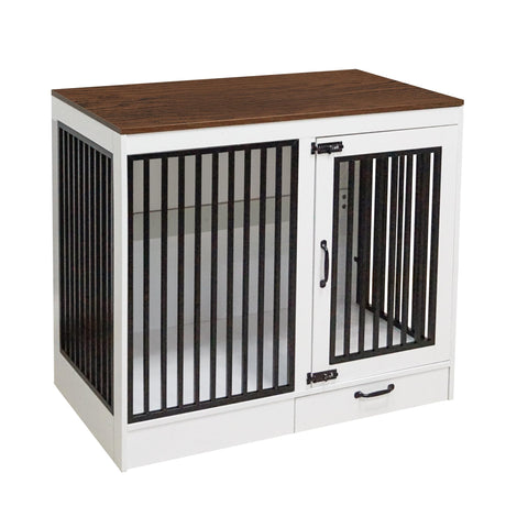 yookare White Heavy Duty Furniture Dog Crate, Wood and Metal Kennel Cage, Pet House End Table with Drawer and Pull-Out Design, Dog Home for Indoor use, Large Size yookare