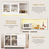 SILKYDRY 73” Kitchen Pantry Storage Cabinet, Buffet Hutch w/Power Outlets & Led Lights, Tall Cupboard w/Wine Glass Racks, Adjustable Shelves, Drawers, Microwave Stand for Dining Room (White) SILKYDRY