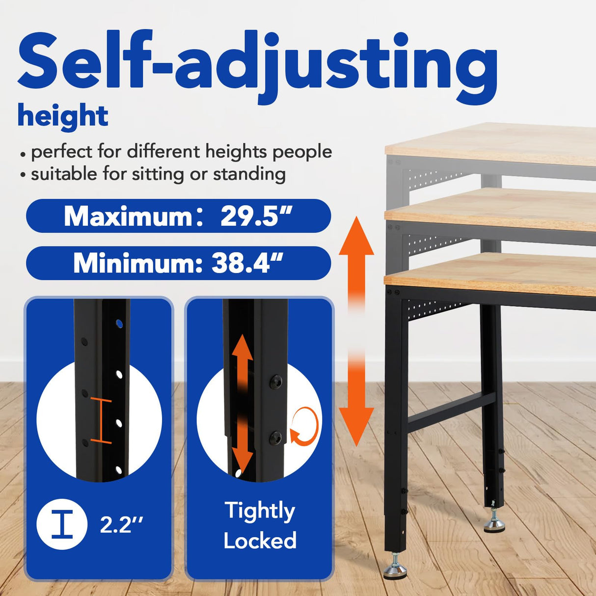GarveeTech Adjustable Workbench 60"x20", 2000 lbs Load Capacity, Height Adjustable 29.5"-38.4", Ideal Heavy-Duty Garage Worktable with Built-in Power Outlet for Home, Office & Workshop GarveeTech