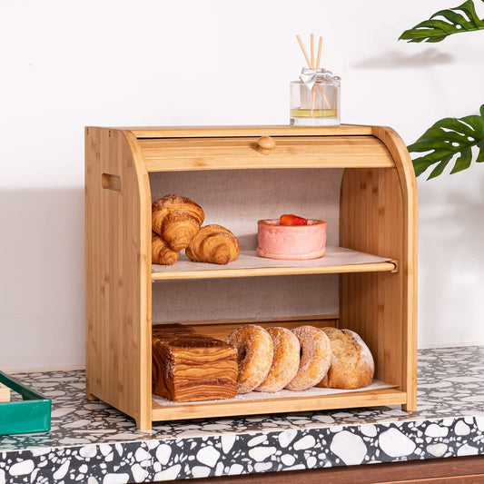 UIELPT Double Layer Large Bread Box for Kitchen Counter,Bamboo Large Capacity Bread Storage Bin,Counter-Large Capacity Bread Storage Container Farmhouse Bread Box with Flexible Sliding Door