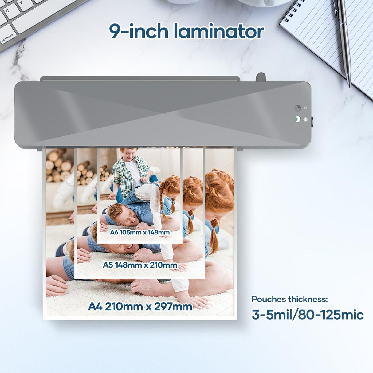 Laminator, 9 Inch A4 Thermal Laminator Machine with Laminating Sheets 9pcs & Paper Trimmer, 4 in 1 Hot & Cold Personal Lamination Kit for Home Office School Use, Fast Warm-Up & Quiet, Never Jam Assark