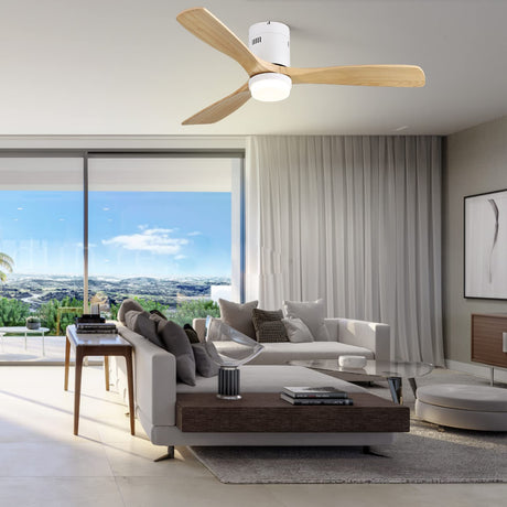 Sofucor 52 Inch Low Profile Ceiling Fan With Light 3 Carved Wood Fan Blade Modern Flush Mount Ceiling Fan Noiseless Reversible DC Motor Remote Control for Indoor/Outdoor Use (Natural Wood Color) Sofucor