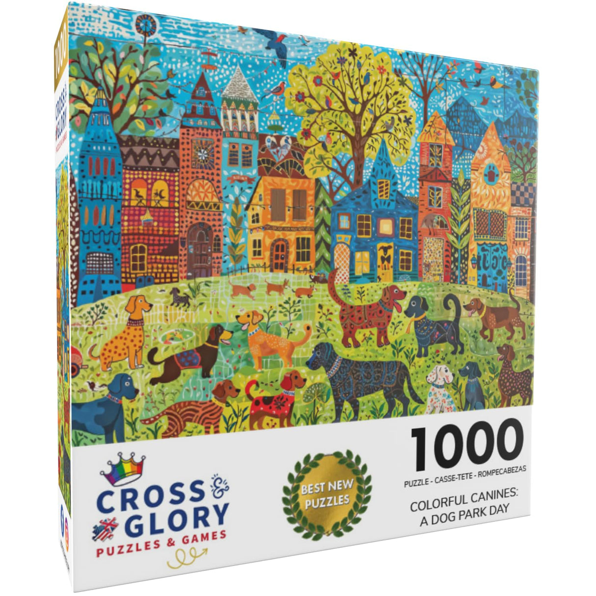 Cross & Glory - Colorful Canines: A Dog Park Day - 1000 Piece Folk Art Style Jigsaw Puzzle for Adults | Vibrant City Scene with Playful Pups | Perfect for Dog Lovers Cross & Glory