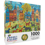 Cross & Glory - Colorful Canines: A Dog Park Day - 1000 Piece Folk Art Style Jigsaw Puzzle for Adults | Vibrant City Scene with Playful Pups | Perfect for Dog Lovers Cross & Glory