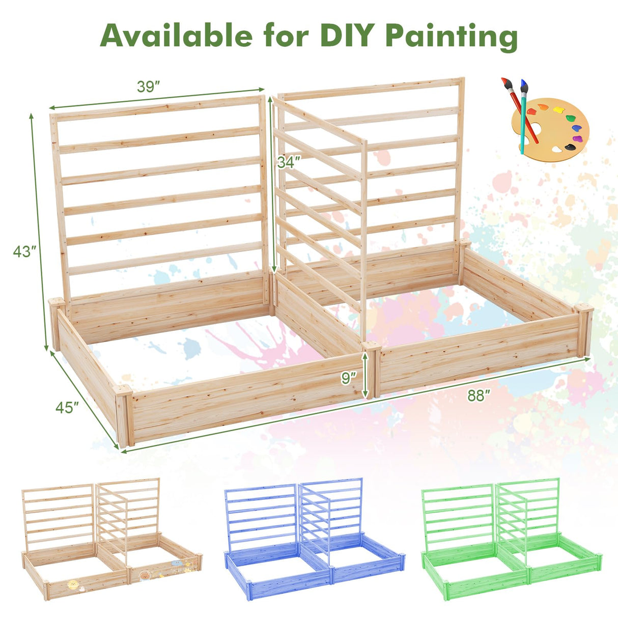 HAPPYGRILL Raised Garden Bed with 3 Trellises, Outdoor Wood Raised Bed w/ 2 Planter Boxes for Flowers, Vegetables, Fruits Climbing Vines, Elevated Garden Box for Yard Patio, 88" L x 45" W x 43" H HAPPYGRILL