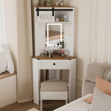 ARTETHYS Small Vanity Desk Set with Lights and Mirror Makeup Vanities with Drawers for Corner Space White Farmhouse Make up Dressing Table with Storage Stool for Bedroom ARTETHYS