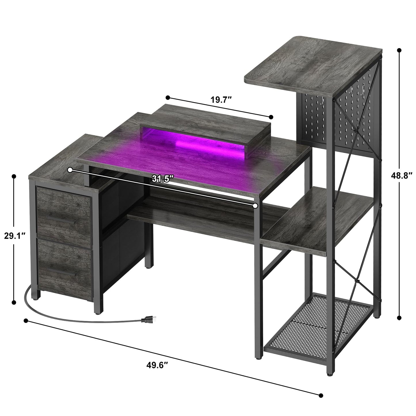 Small Gaming Desk with 2 Fabric Drawers - Reversible Computer Desk with Power Outlet & LED Lights, 49" Office Desk with Monitor Stand & Storage Shelves, Writing Study Table with Pegboard, Grey Oak