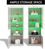 AMERLIFE 2 Piece 5-Tier High Gloss LED Lights Bookcase with Glass Doors, 71" Tall Modern Bookshelf Display Storage Cabinet Set of 2 with Adjustable Glass Shelves for Living Room, Office, White AMERLIFE