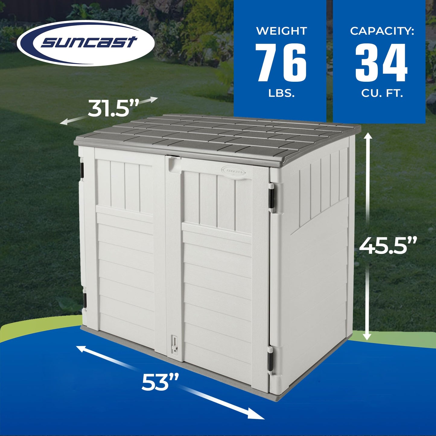 Suncast 34 Cu Ft Capacity Horizontal Outdoor Storage Shed for Garbage Cans, Garden Accessories, Backyard, and Patio Use, Vanilla - WoodArtSupply