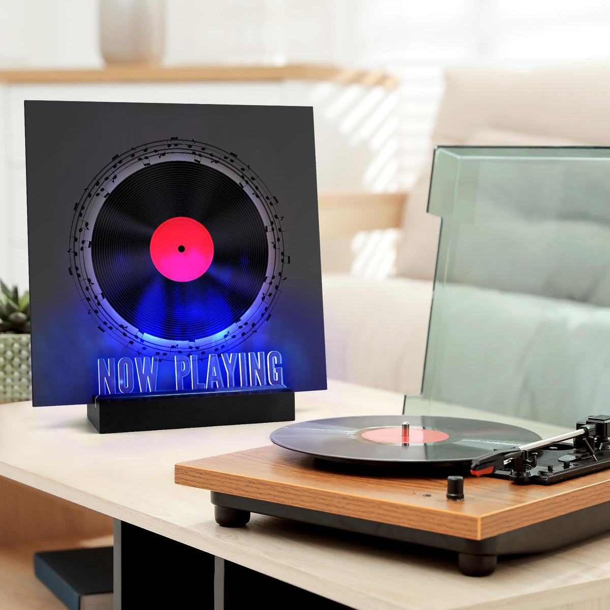 Woodoulogy Now Playing Vinyl Record Stand,Light Up Wooden Album Displa ...