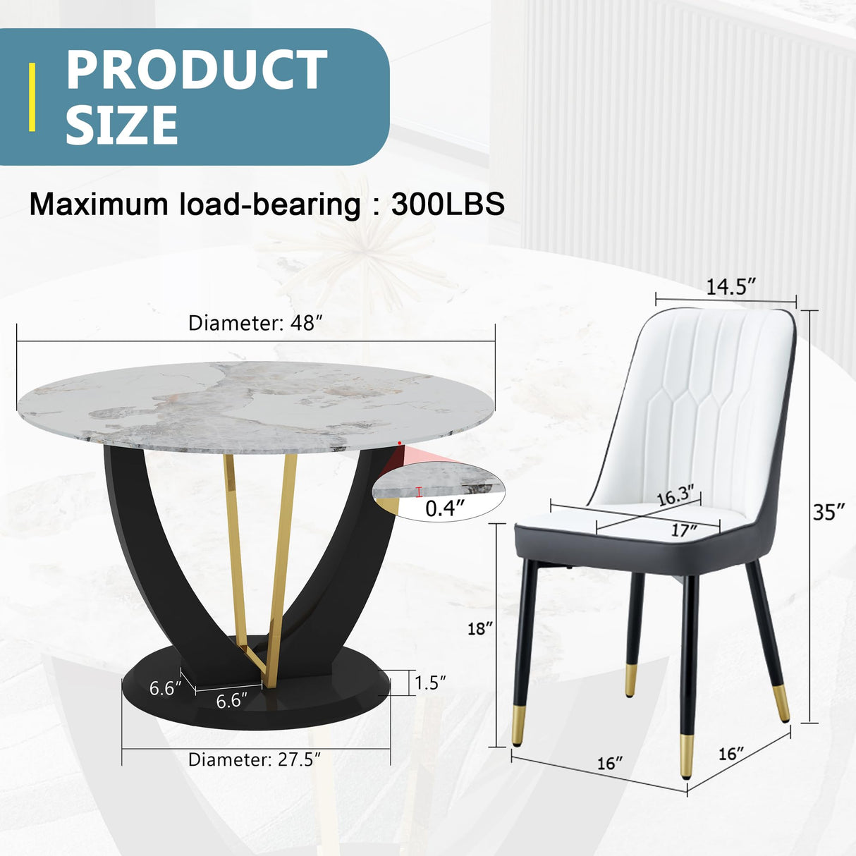 JUFU Round Dining Table Set for 4, 48" Dining Room Table with Faux Marble Tabletop and 4 Upholstered Chairs,Modern Round Kitchen Table Chairs Set for Dinning Room, Living Room, Cafe, Restaurant JUFU