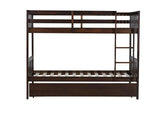 PVWIIK Convertible Bed Frame/Twin Size Rubber Wood Bunk Bed with Trundle for Kids/Boy/Girl Bedroom,Twin Over Twin Bunk Bed with Ladder and Safety Guardrails,No Box Spring Needed,Espresso PVWIIK