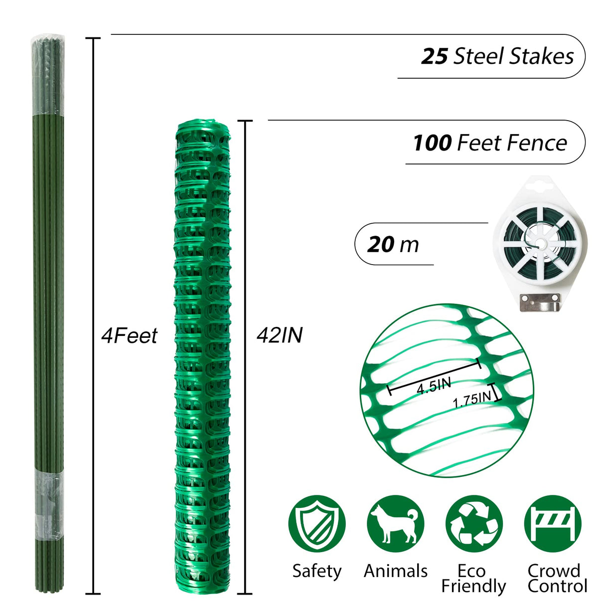 Safety Fence Plastic Mesh Fencing Roll,1 Roll with 25 Steel Stakes, Temporary Reusable Netting for Pool Fence, Garden, Construction ACTREY