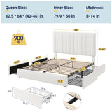 Allewie Queen Size Storage Bed Frame, Vertical Channel Tufted Adjustable Headboard, Velvet Upholstered Platform Bed with 4 Oversized Underbed Drawers, Wooden Slats Support, No Box Spring Needed, White Allewie