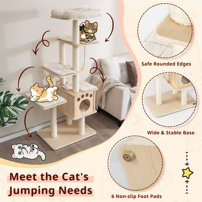 Tangkula Modern Wood Cat Tree, 67 Inch Multi-Level Tall Cat Tree Tower with Scratching Sisal Posts, Top Perch, Cute Cat Condo, Washable Cushions, Large Cat Trees and Towers for Indoor Cats (Natural)