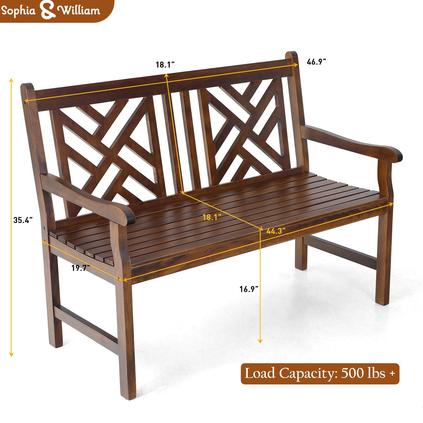 Sophia & William Walnut Outdoor Garden Bench - 47" Weatherproof Wooden Patio Seating with Backrest - WoodArtSupply