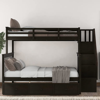 Espresso Twin Over Full Bunk Bed with Storage Drawers and Safety Stairway by Harper & Bright Designs - WoodArtSupply