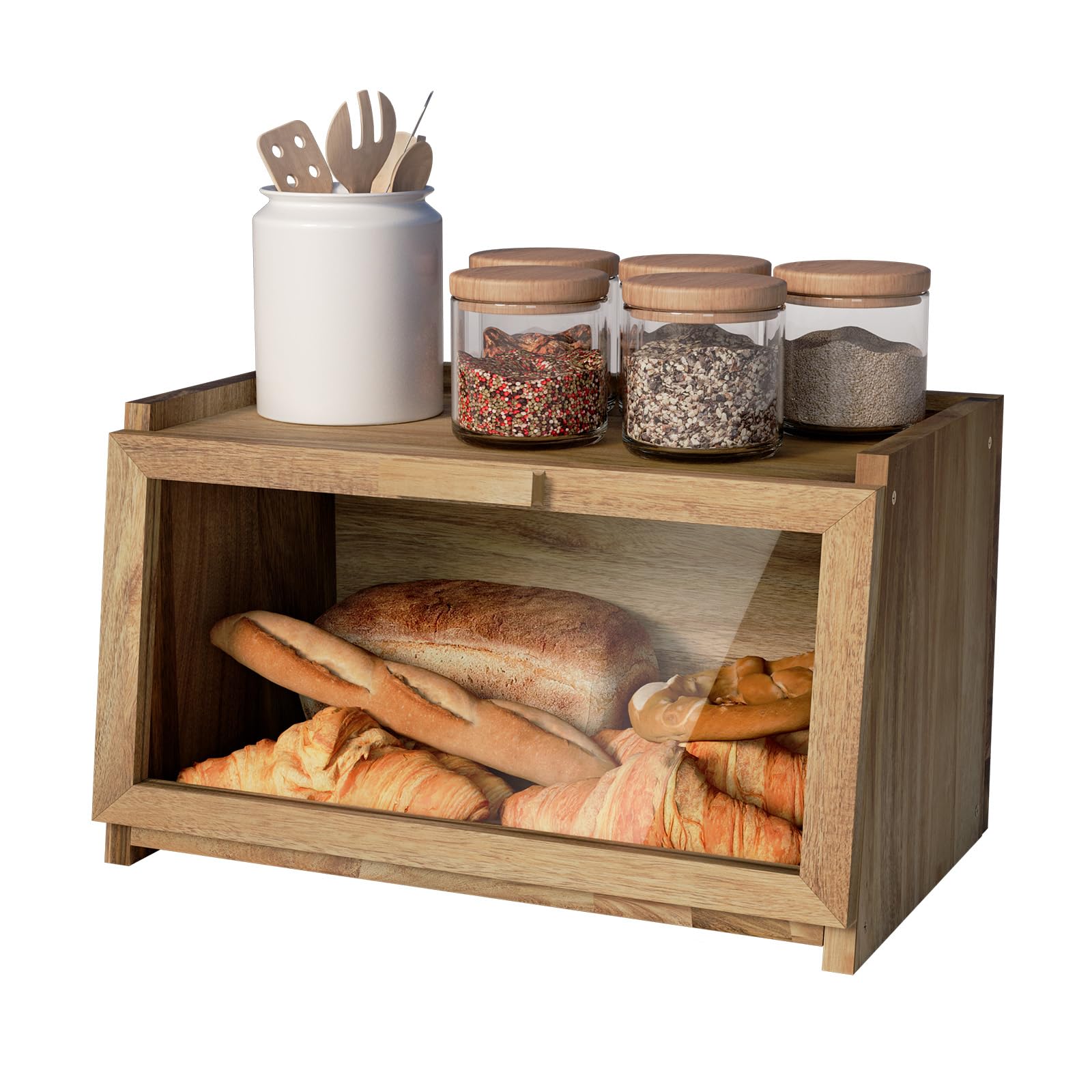 Acacia Wood Bread Box for Kitchen Countertop, Large Wooden Bread Storage Container, with Clear Window Back Air Vent and Anti-falling Design, Bread Boxes for Keeping Food Fresh in Home and Kit - WoodArtSupply