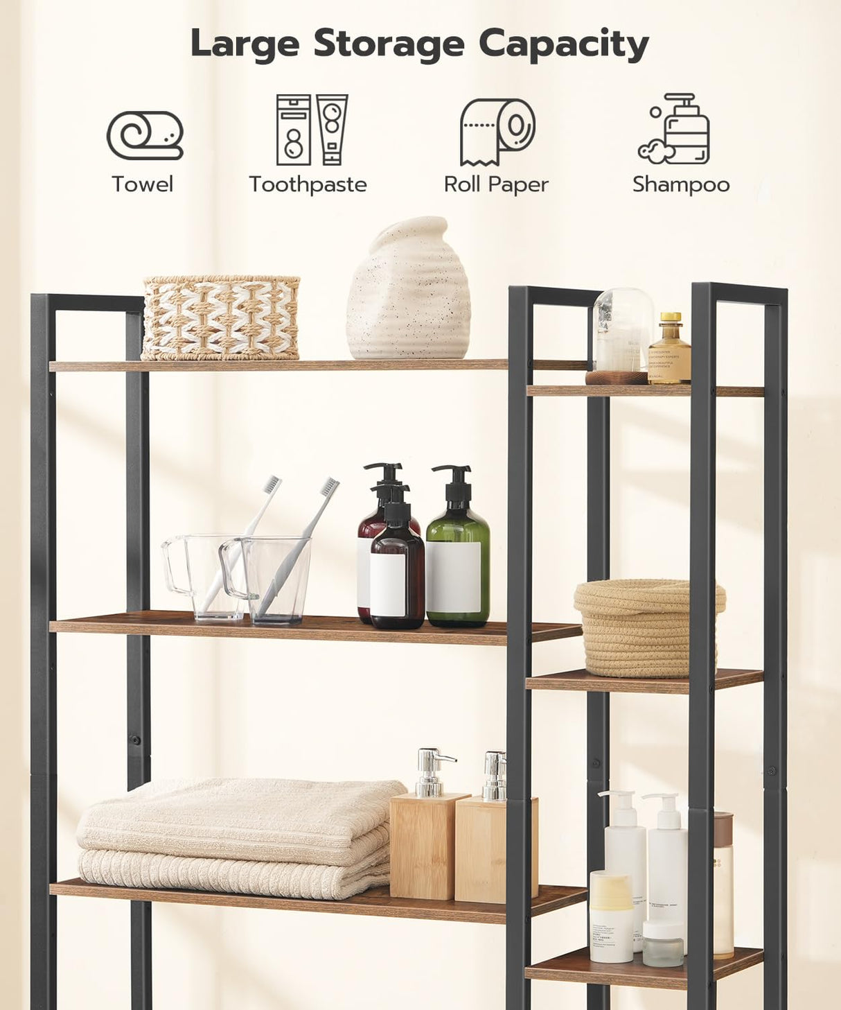 HOOBRO 8-Tier Over The Toilet Storage, Freestanding Bathroom Organizer Space Saver, Mass-Storage Side Storage Open Rack, for Bathroom, Living Room, Laundry, Rustic Brown and Black BF86TS01 HOOBRO