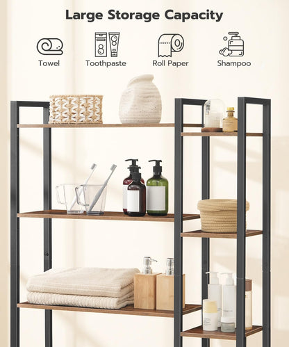 HOOBRO 8-Tier Over The Toilet Storage, Freestanding Bathroom Organizer Space Saver, Mass-Storage Side Storage Open Rack, for Bathroom, Living Room, Laundry, Rustic Brown and Black BF86TS01